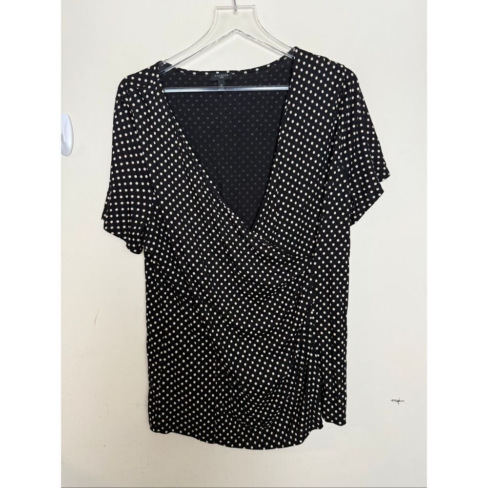 Talbots Black White Polka Dot Short Sleeve Wrap Blouse 1X Plus Size Workwear Cla